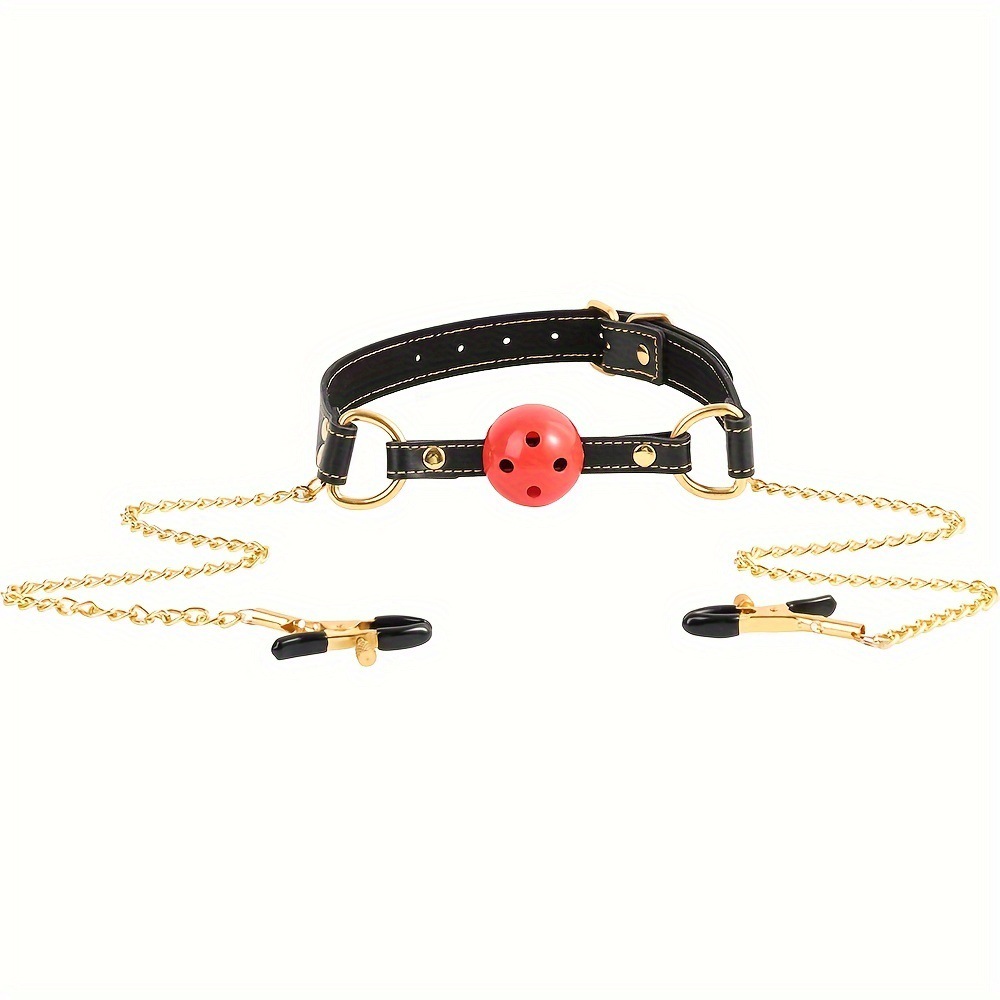 Leather Restraints Ball Mouth Plug Hollowed Clamps with Metal Chain