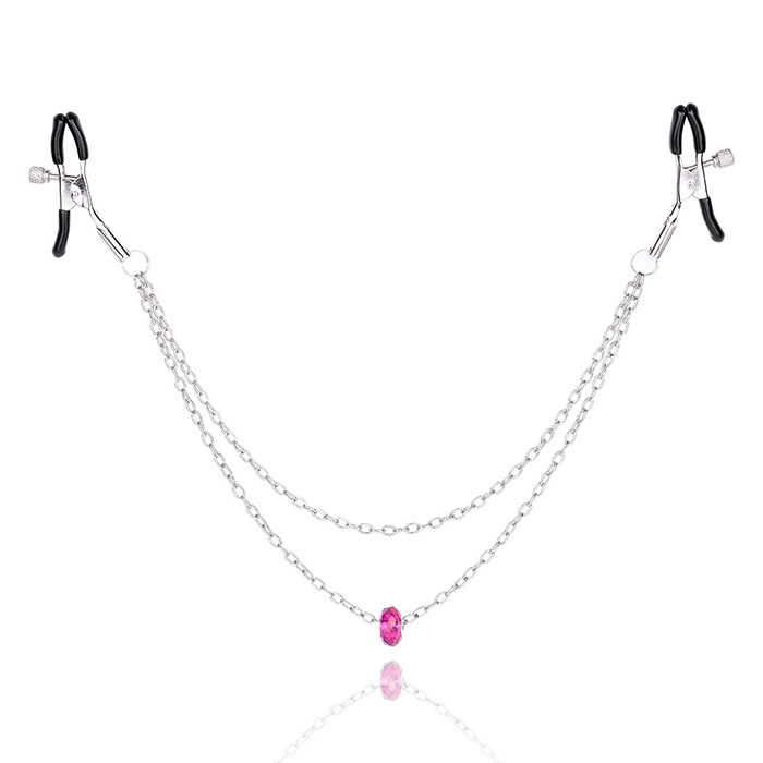 Silver Nipple Clamps with 2pcs Metal Chains and Pink Crystal Pendant